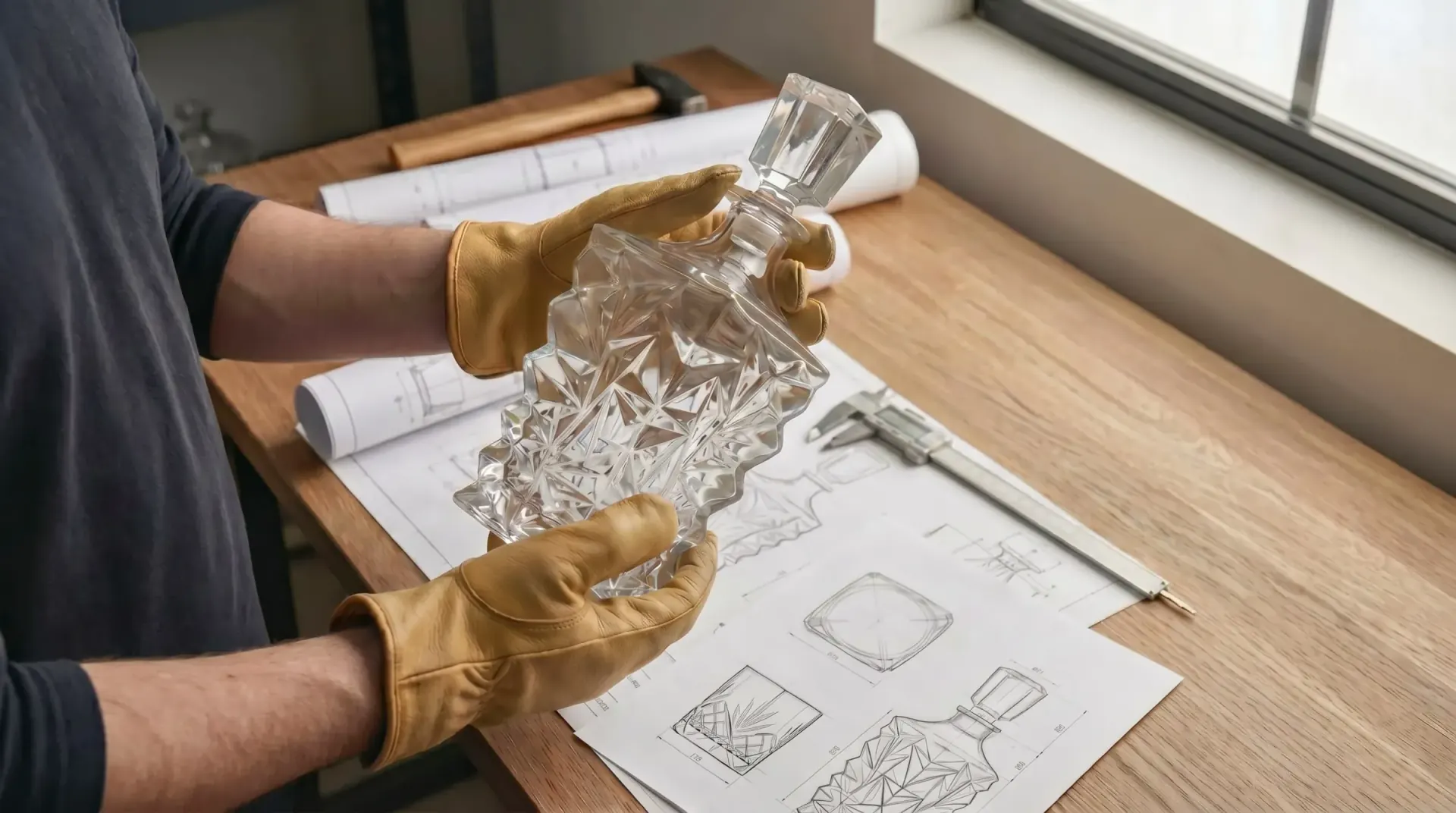 Glass decanter sample being reviewed against product drawings Glass decanter sample being reviewed against product drawings
