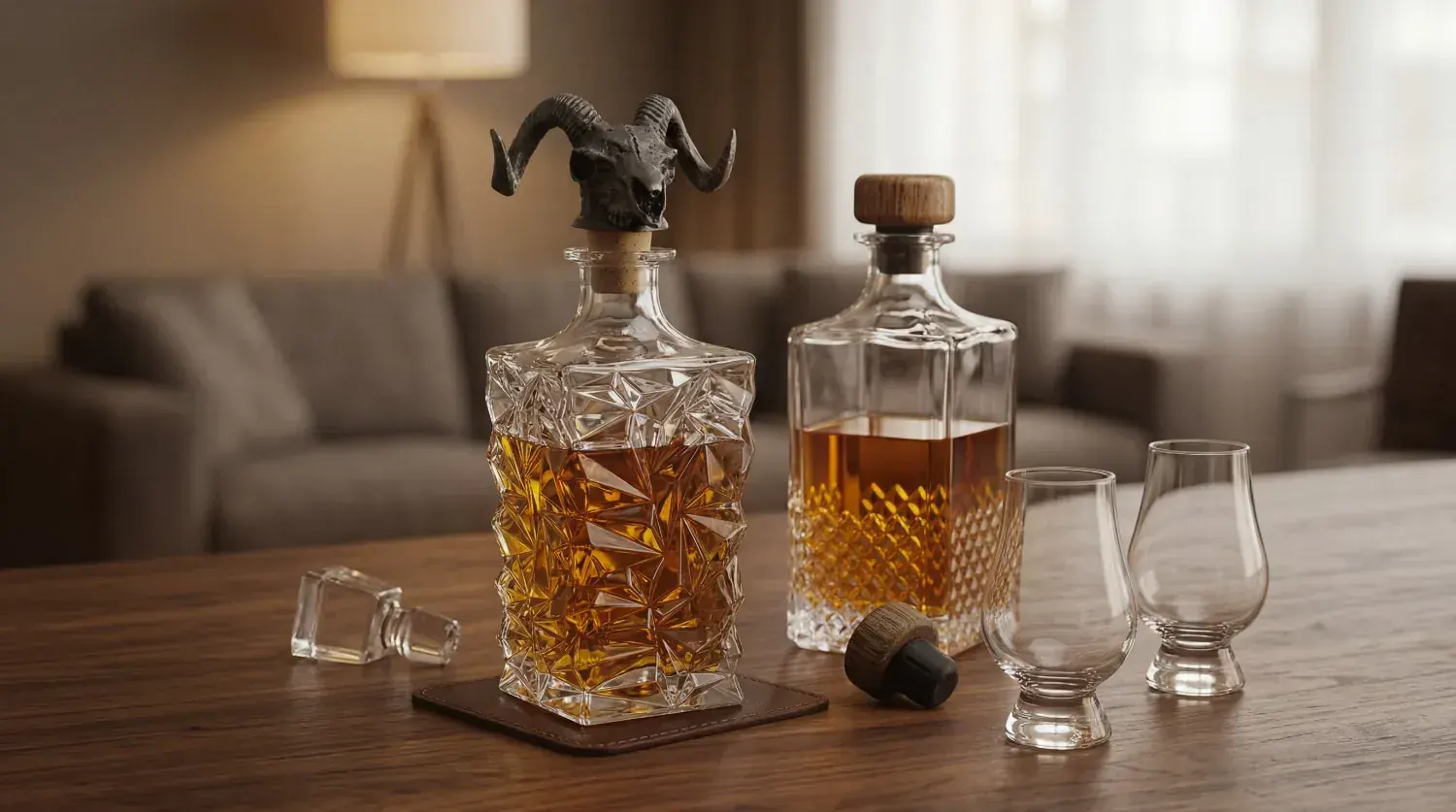 Two decanter silhouettes with tumblers and gift-set styling Two decanter silhouettes with tumblers and gift-set styling