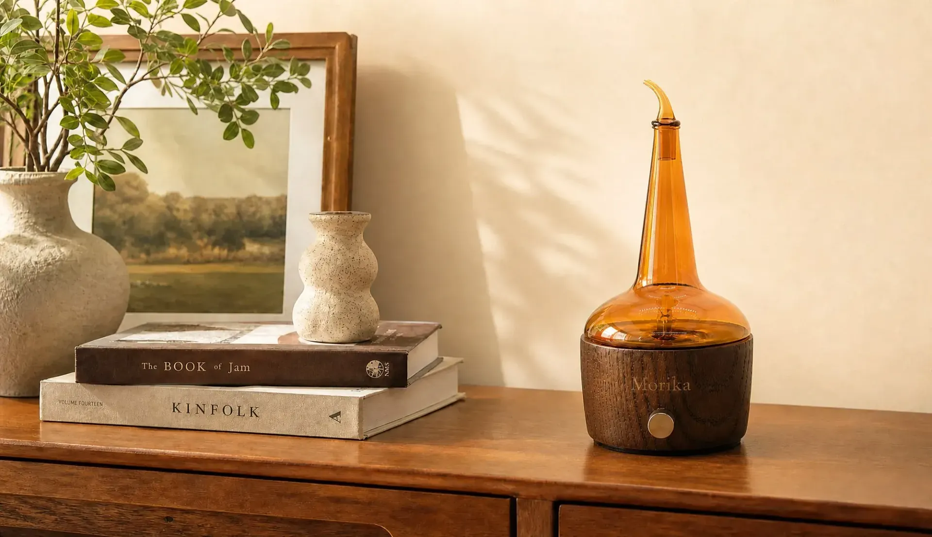 Morika Supply whiskey nosing diffuser — B2B distillery merchandise Morika Supply oak and glass whiskey nosing diffuser on a wooden console in a warm lifestyle setting