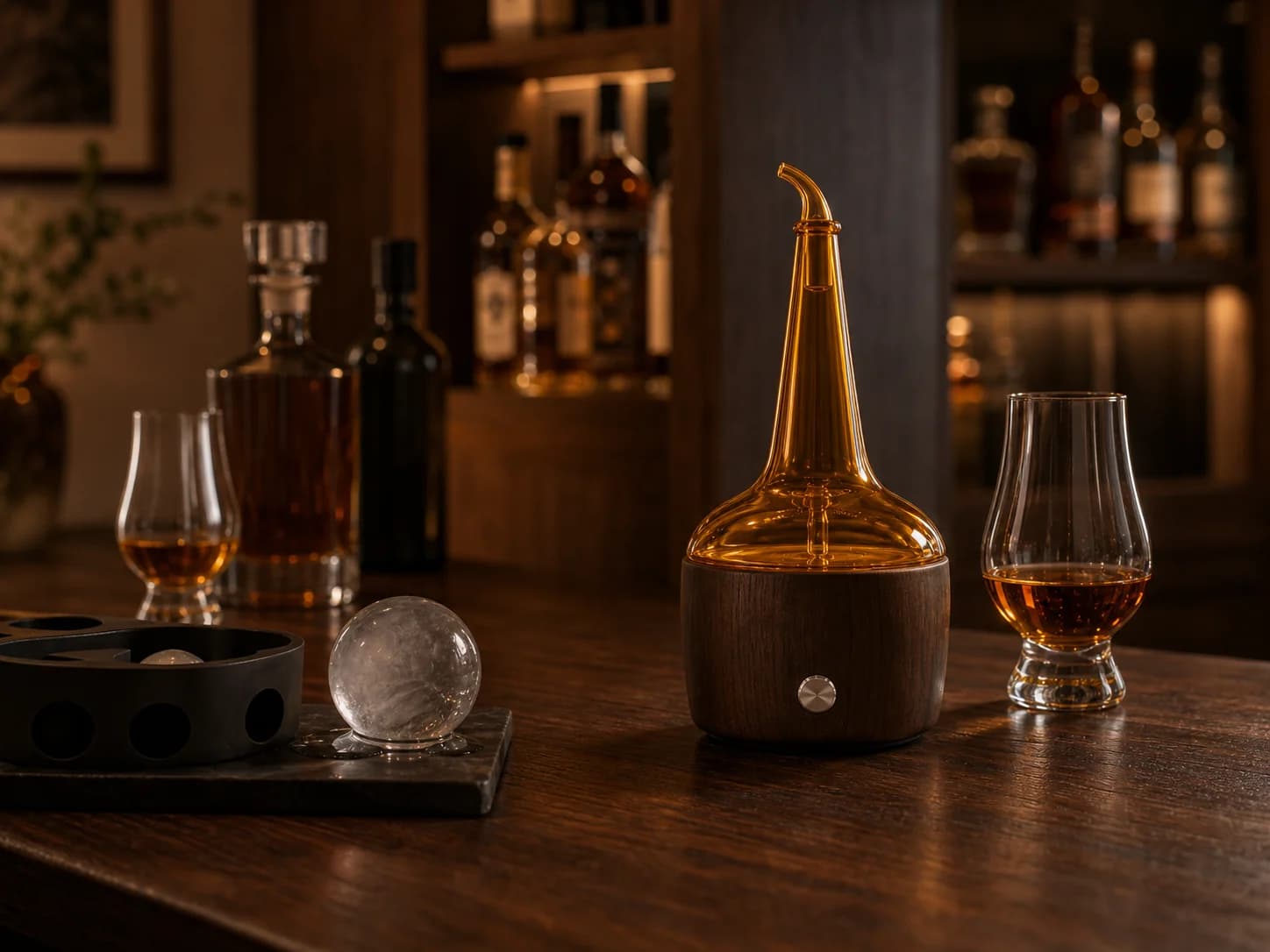 Morika whiskey nosing diffuser in a home bar setting