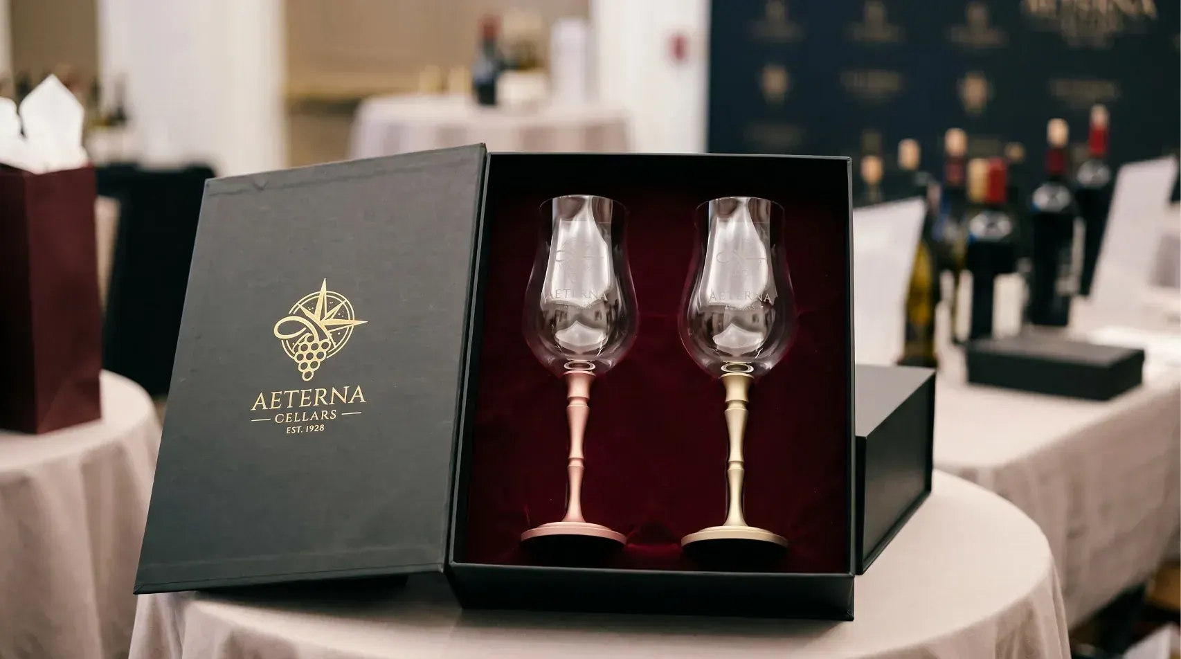 Premium B2B branded merchandise set with decanter, glasses, and custom retail presentation Premium B2B branded merchandise set with decanter, glasses, and custom retail presentation