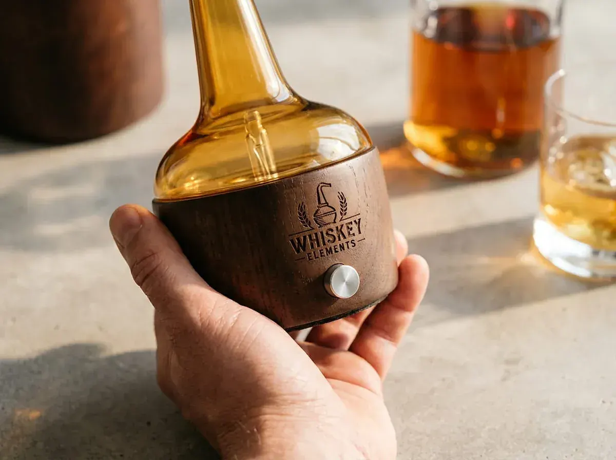 Single-unit ODM whiskey nosing diffuser sample with laser-engraved distillery logo on oak base Single-unit ODM whiskey nosing diffuser sample with laser-engraved distillery logo on oak base