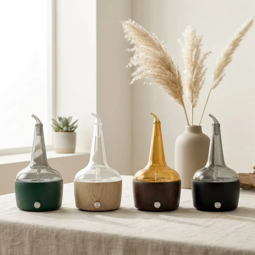 Pot-still-shaped whiskey nosing diffuser in solid oak and borosilicate glass