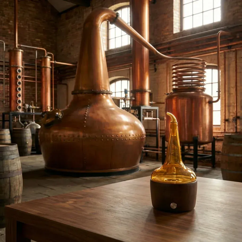 Whiskey nosing diffuser on display beside copper pot stills in a working distillery Whiskey nosing diffuser on display beside copper pot stills in a working distillery