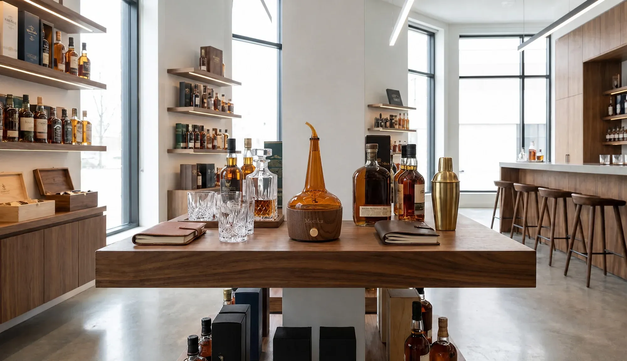 Whiskey bar tasting space with nosing diffuser, decanters, and glassware on display shelves