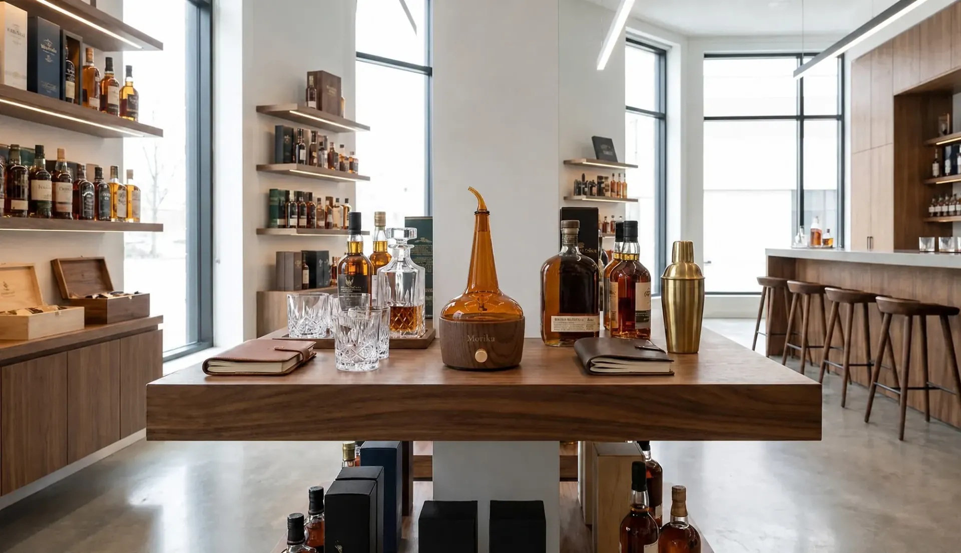 Whiskey bar tasting space with nosing diffuser, decanters, and glassware on display shelves Whiskey bar tasting space with nosing diffuser, decanters, and glassware on display shelves