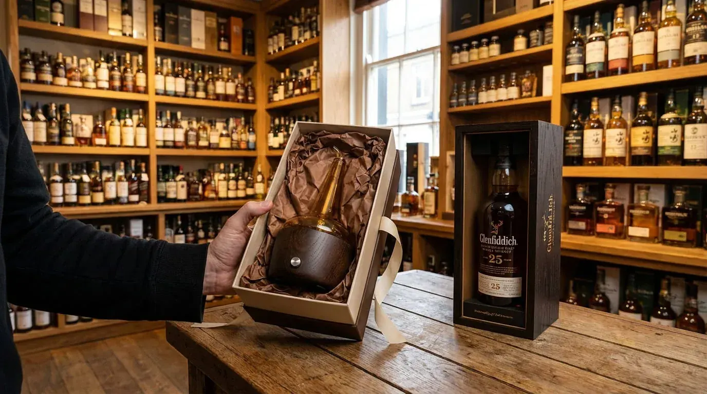 Whiskey nosing diffuser and branded gift boxes displayed on wooden shelves in a visitor centre retail area Whiskey nosing diffuser and branded gift boxes displayed on wooden shelves in a visitor centre retail area