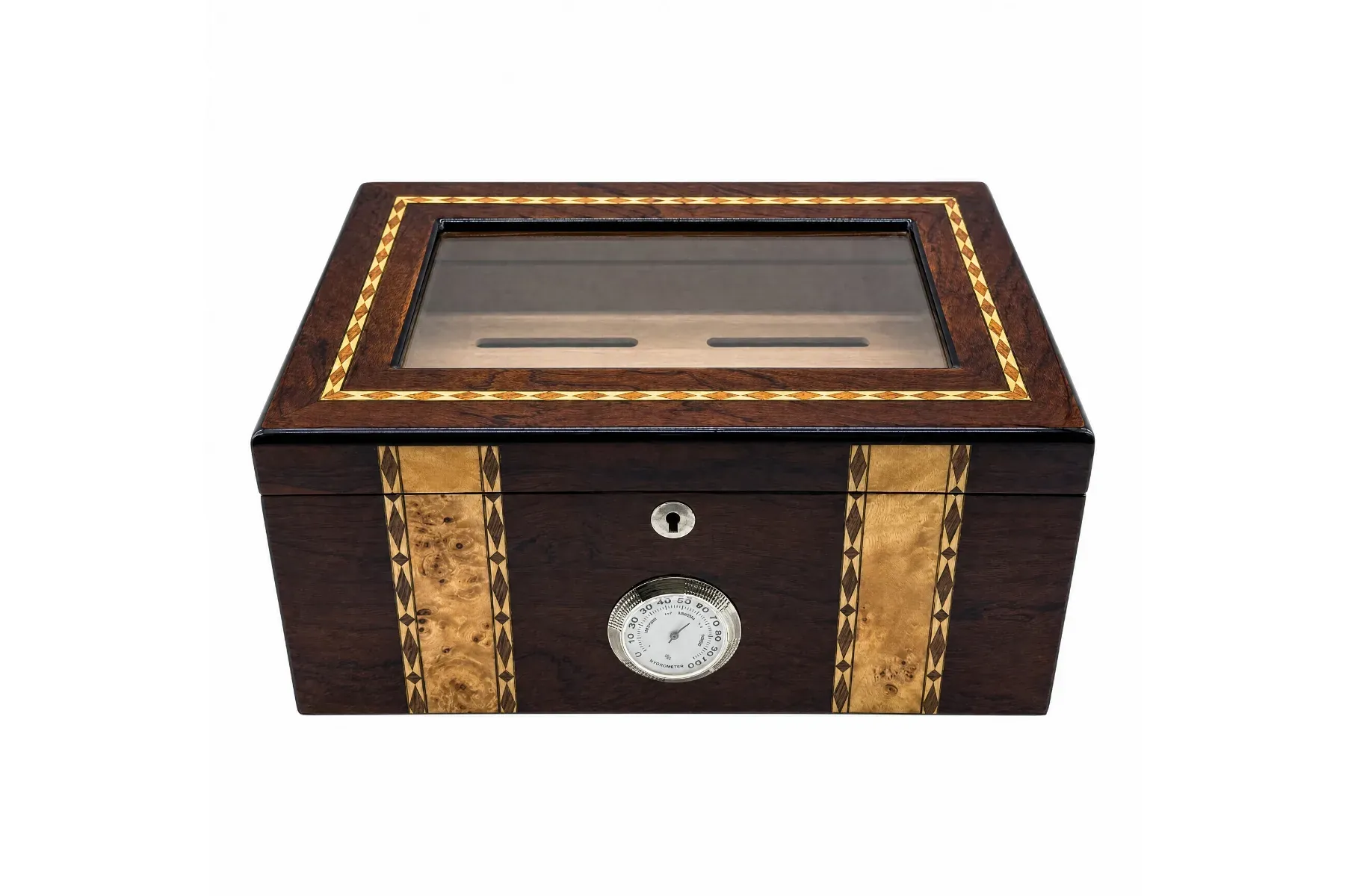 Dark hardwood cigar humidor with diamond-pattern marquetry inlay and glass viewing lid
