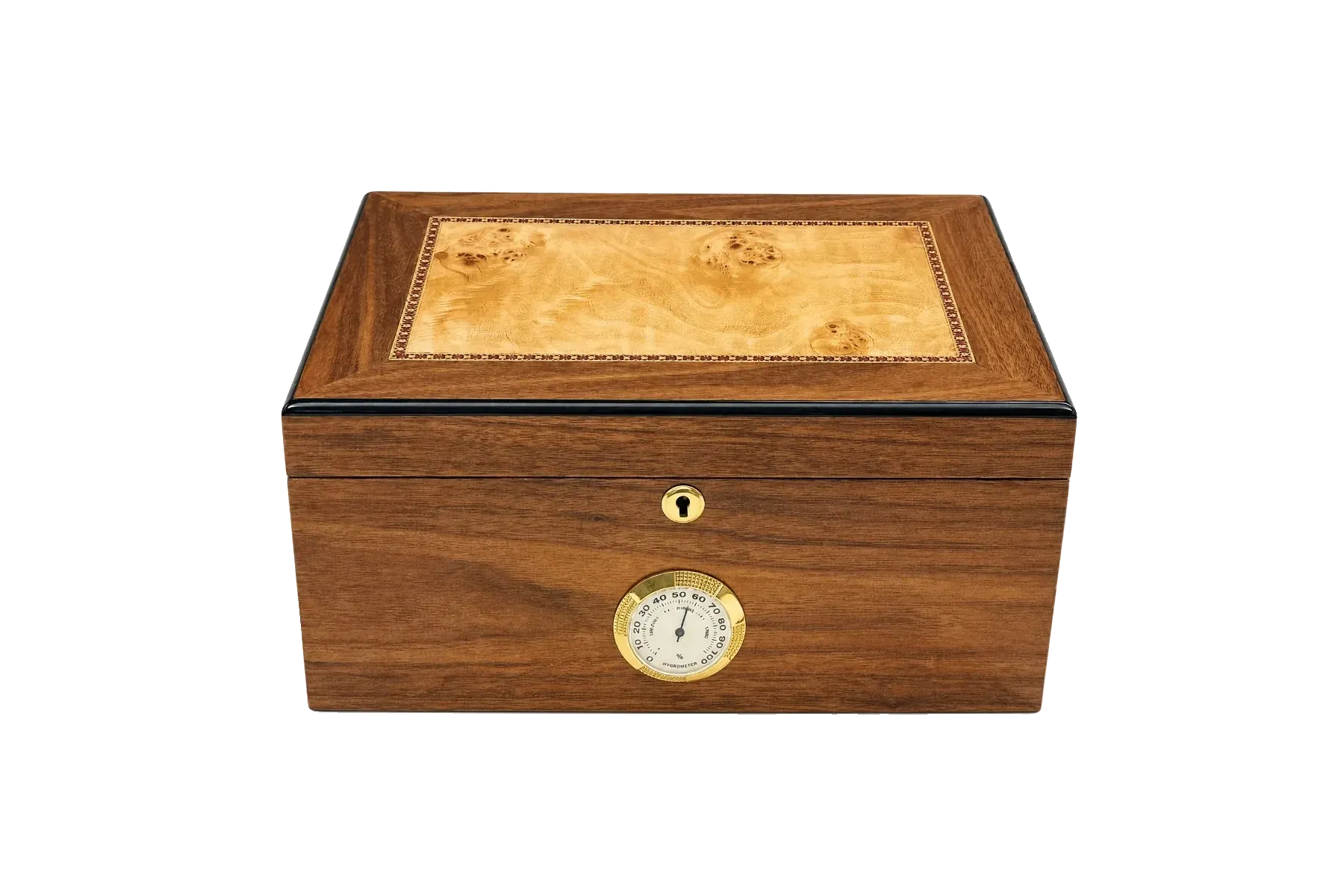 Hardwood cigar humidor with marquetry lid inlay and front-mounted hygrometer Hardwood cigar humidor with marquetry lid inlay and front-mounted hygrometer