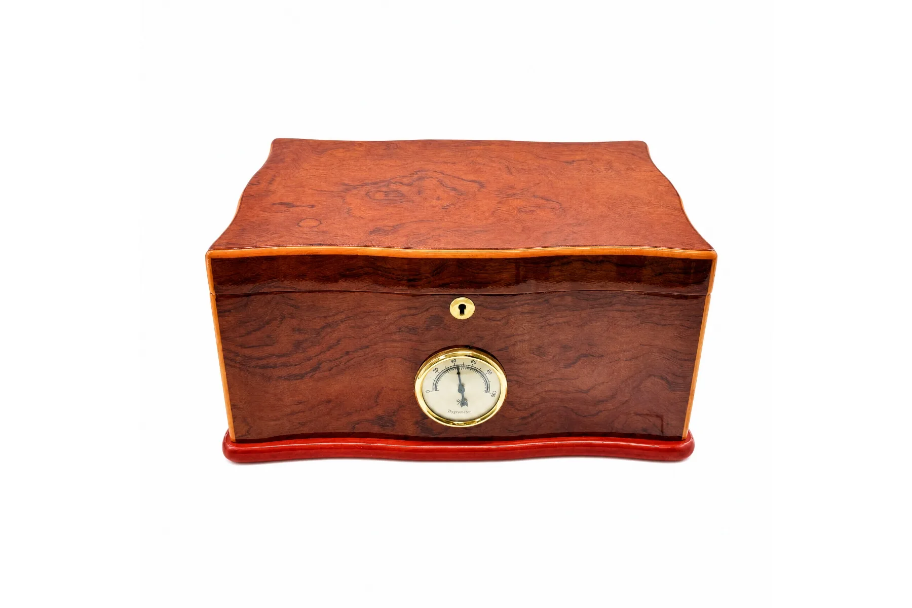 Wavy-profile burl wood cigar humidor with analog hygrometer on white background