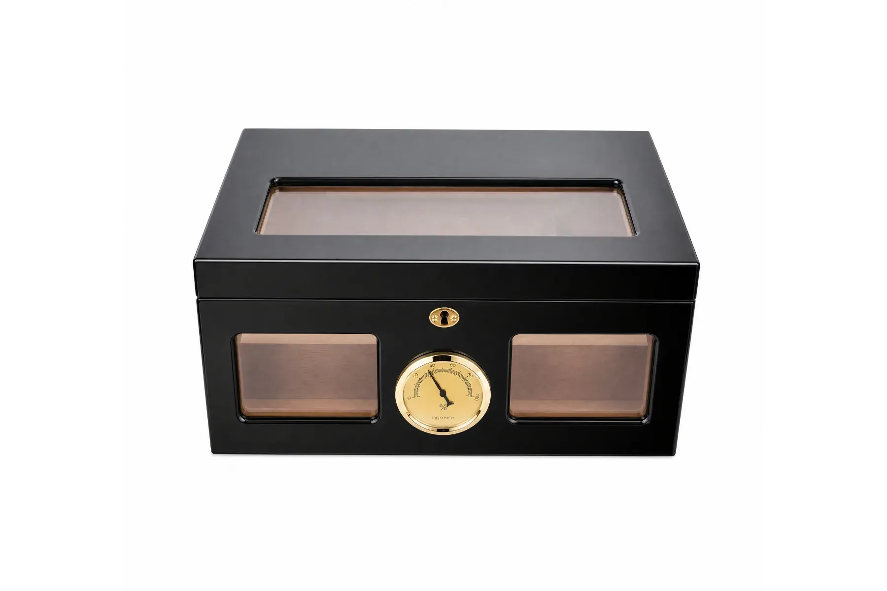 Black lacquer cigar humidor with glass windows and hygrometer on white background
