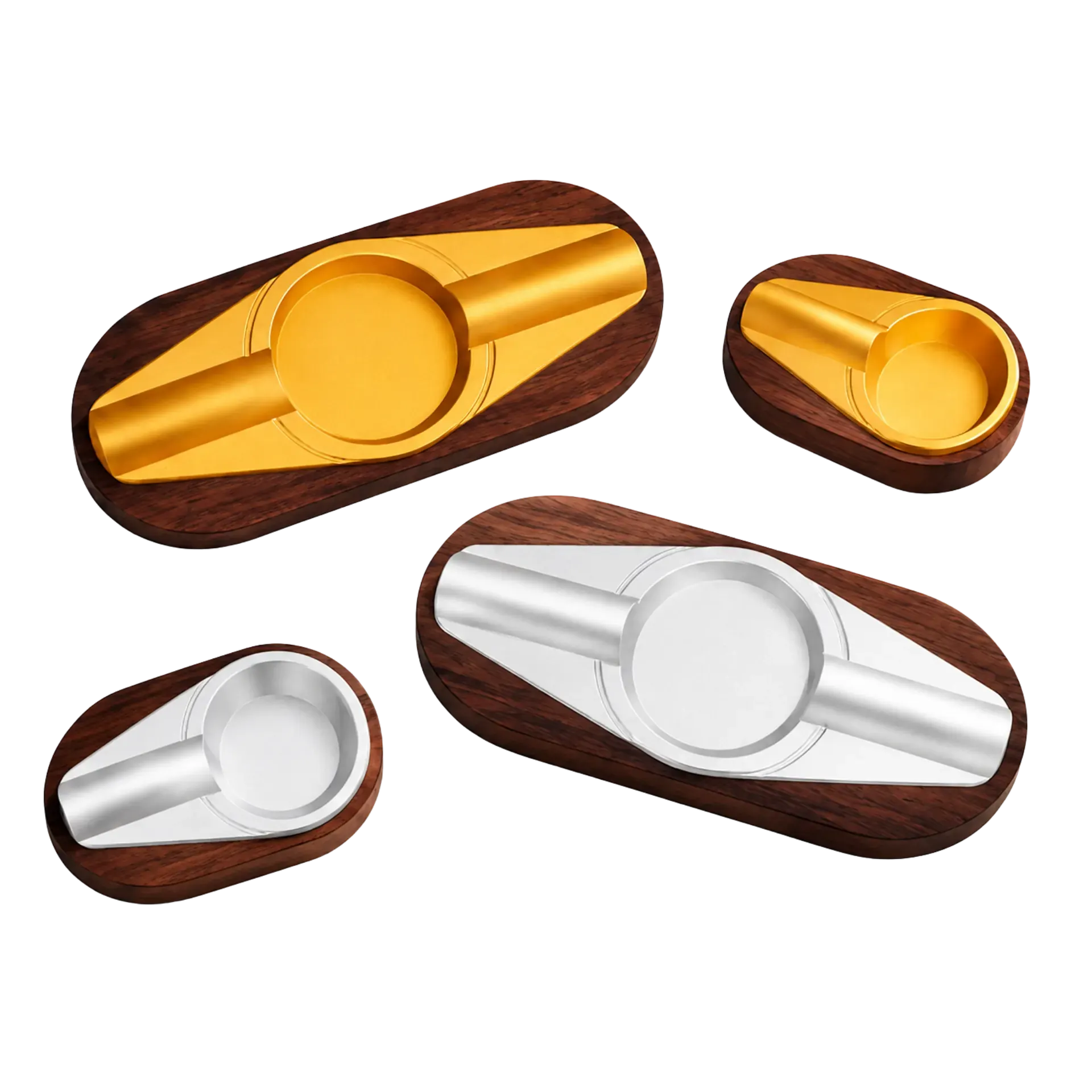 High-end classic hardwood cigar ashtrays with gold and silver aluminium inserts, single-rest and double-rest High-end classic hardwood cigar ashtrays with gold and silver aluminium inserts, single-rest and double-rest