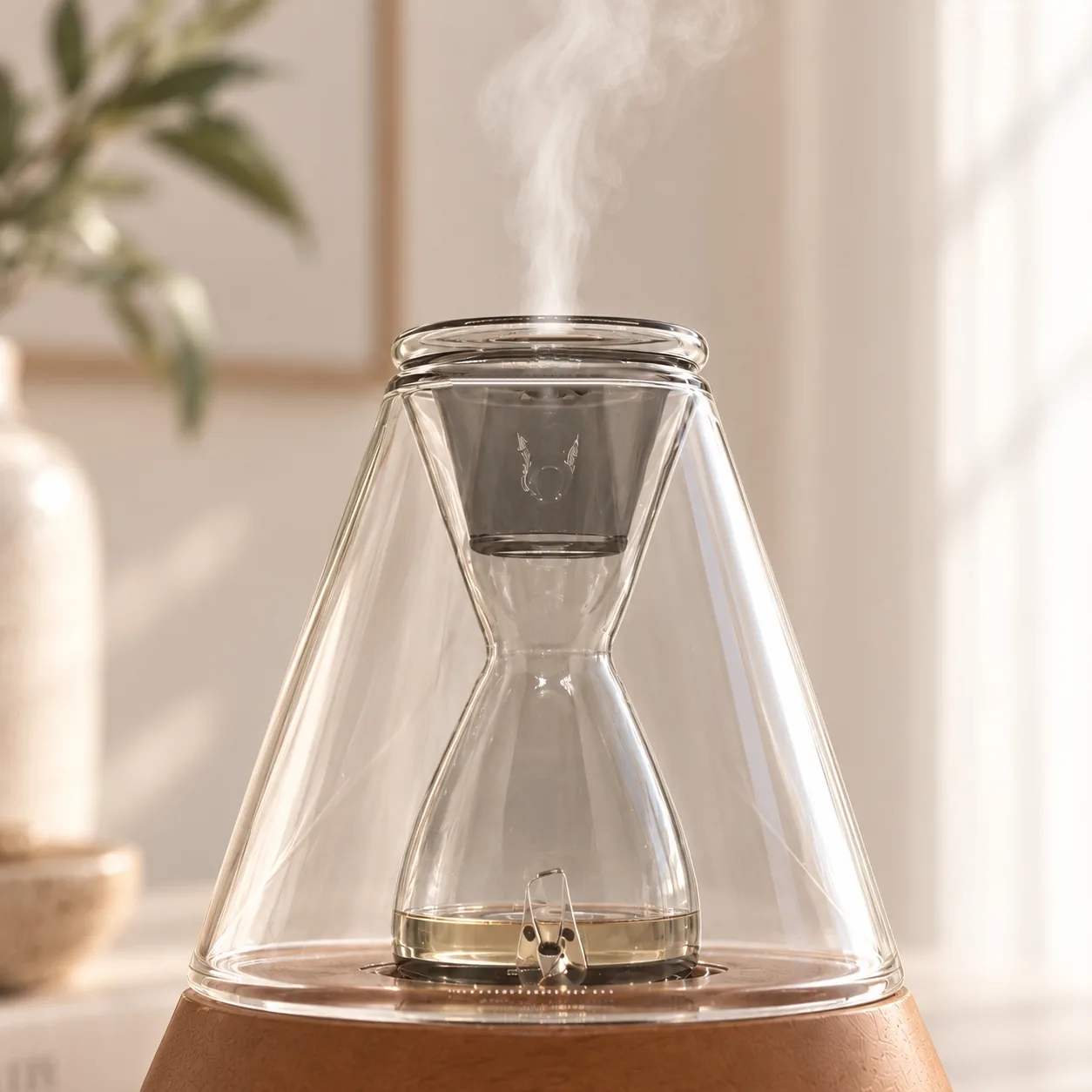 Dual-Fluid Aroma Diffuser — high borosilicate glass vessel Hourglass borosilicate glass dual-fluid aroma diffuser releasing a dry aromatic mist