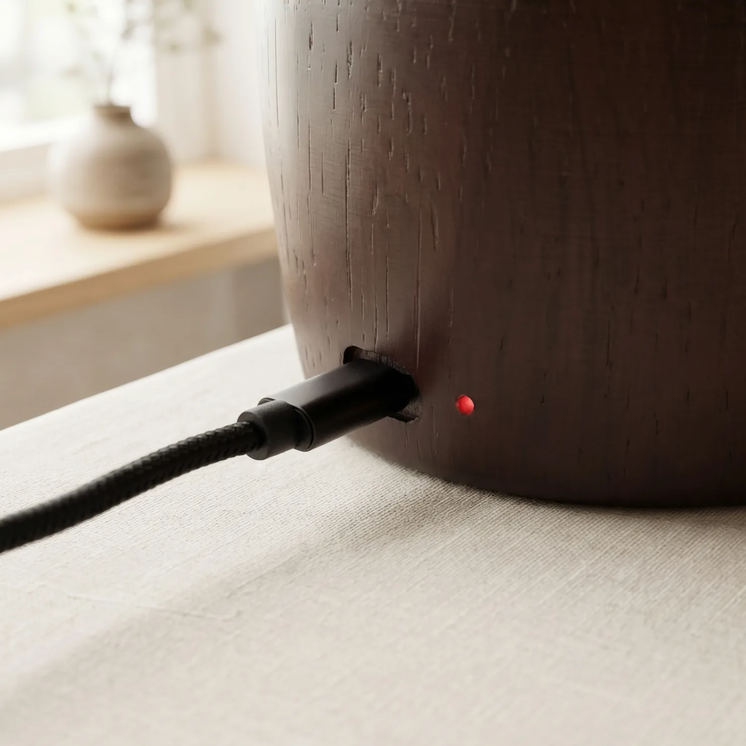 Dual-Fluid Aroma Diffuser — USB-C charging on wood base Dark wood dual-fluid aroma diffuser base with USB-C charging cable and red status light