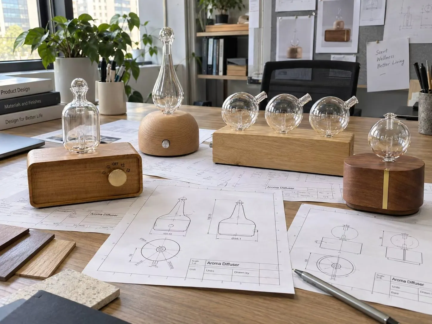 Dual-Fluid Aroma Diffuser — custom silhouette development Wood-and-glass dual-fluid aroma diffuser prototypes with engineering drawings for custom silhouette and mold development