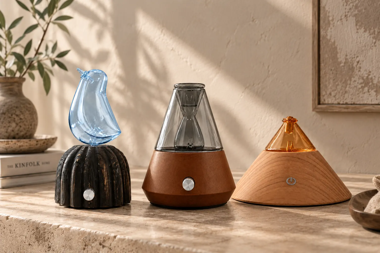 Dual-Fluid Aroma Diffuser — wood finish and glass colour options Three dual-fluid aroma diffusers showing dark, mid-tone, and light wood bases with coloured glass vessels