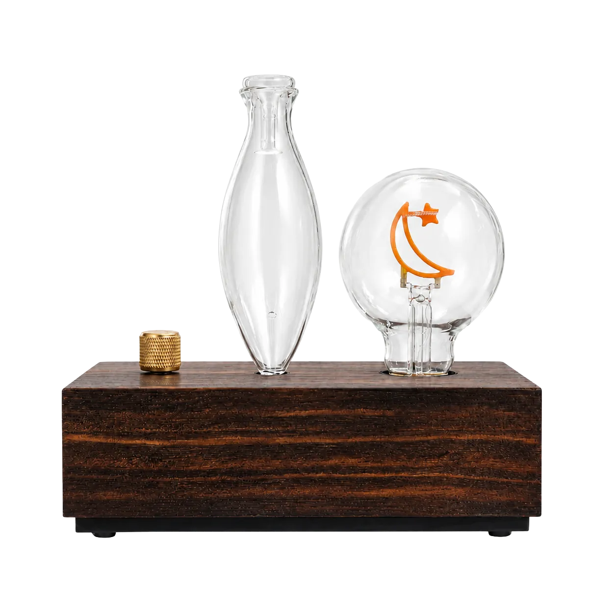 Dark wood dual-fluid aroma diffuser with oval glass vessel and moon-filament sphere Dark wood dual-fluid aroma diffuser with oval glass vessel and moon-filament sphere