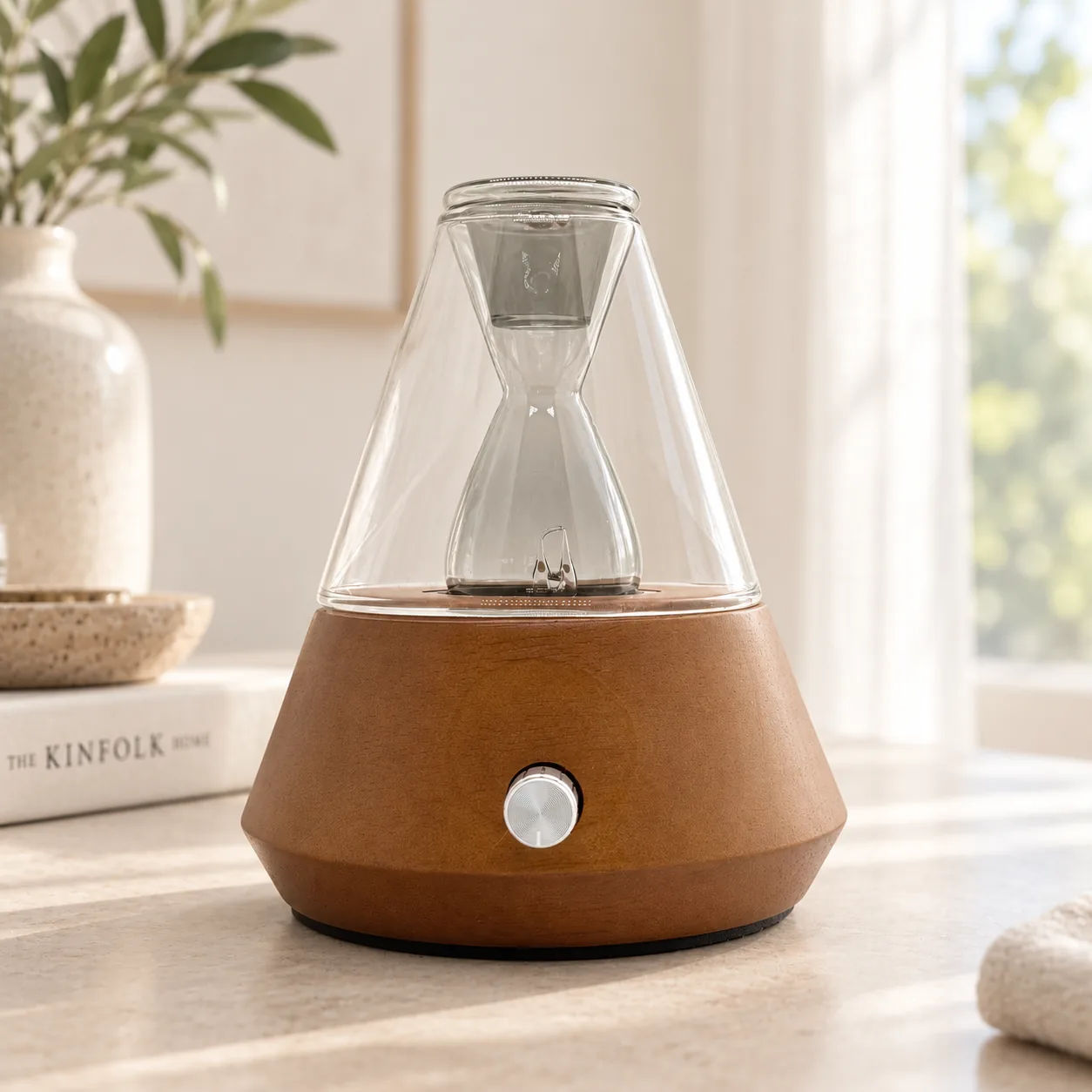 Dual-Fluid Aroma Diffuser — conical glass with hourglass reservoir Light wood dual-fluid aroma diffuser with conical glass vessel and hourglass reservoir