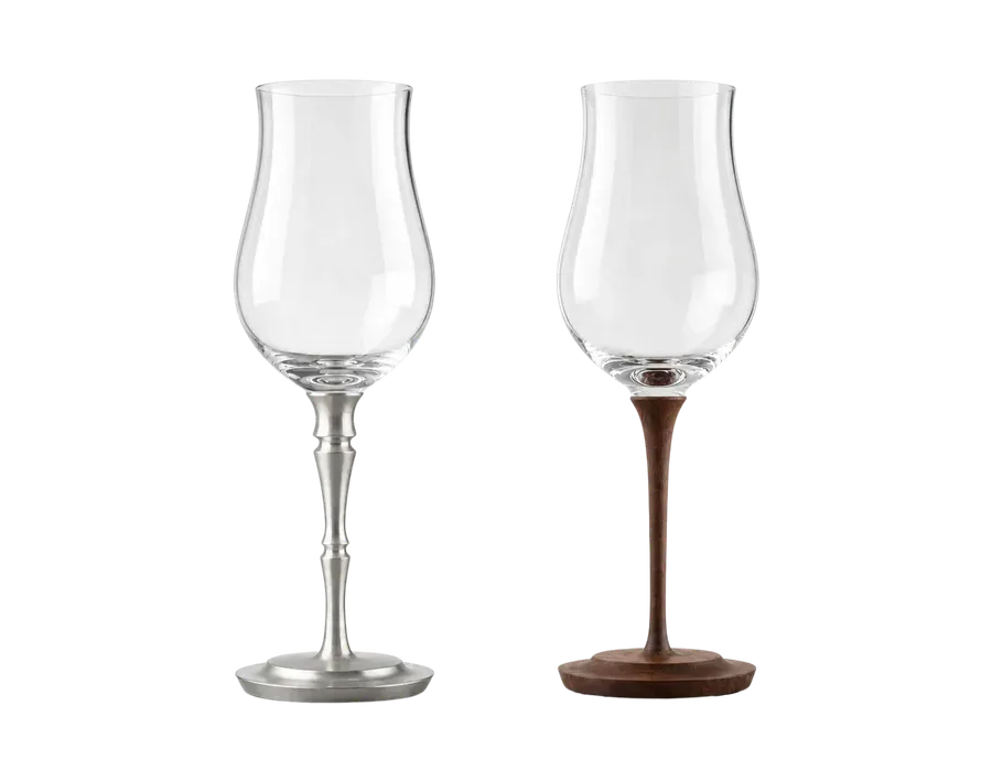 Crystal stemmed glass with CNC-machined wood stem on a neutral background Crystal stemmed glass with CNC-machined wood stem on a neutral background