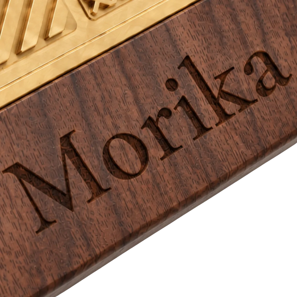 Ice Branding Stamp — engraved walnut base Close view of a black walnut ice branding stamp base with a laser-engraved brand mark