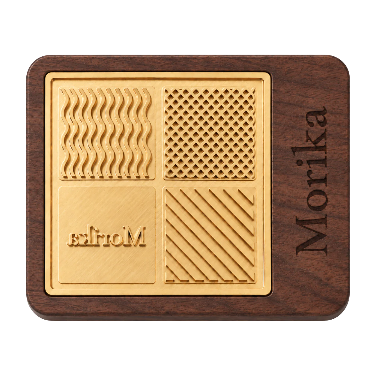 Ice Branding Stamp — copper plate and walnut base Copper ice-stamp plate with four carved patterns, set in a black walnut base with an engraved brand name