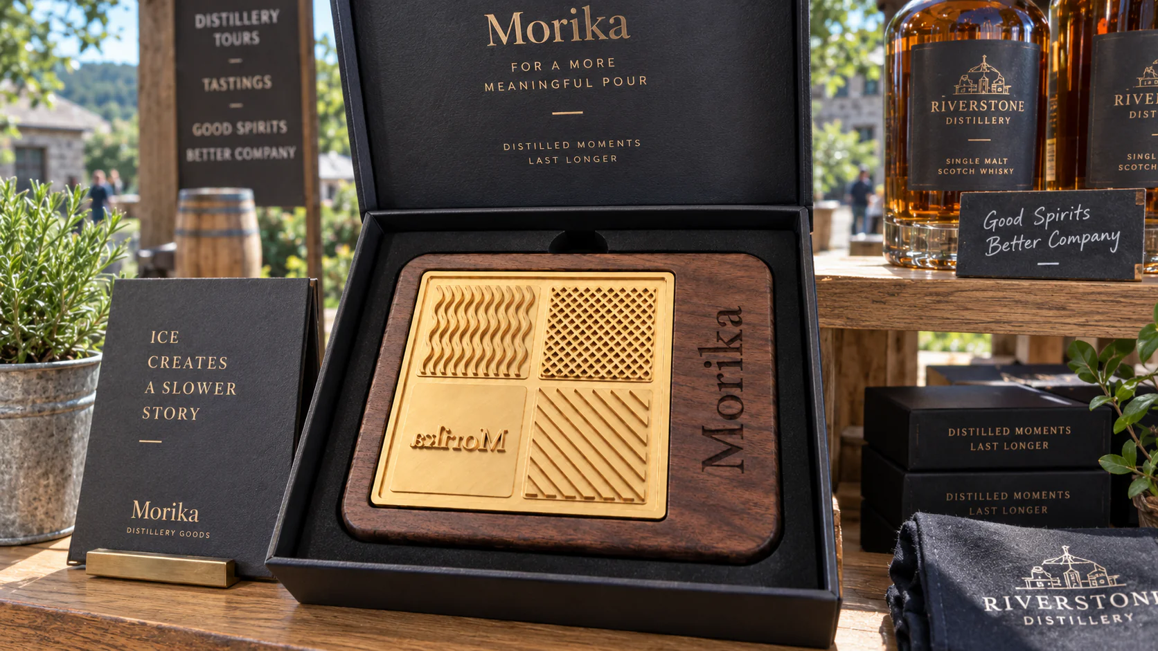 Ice branding stamp in a gift box at a distillery visitor centre beside whiskey bottles Ice branding stamp in a gift box at a distillery visitor centre beside whiskey bottles
