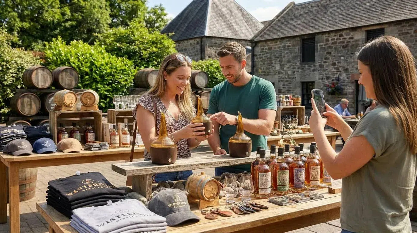 Whiskey nosing diffuser displayed with oak barrels and artisan spirits at a trade show or festival Whiskey nosing diffuser displayed with oak barrels and artisan spirits at a trade show or festival